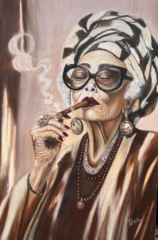 Oil portrait of an elderly woman in a patterned turban and large glasses